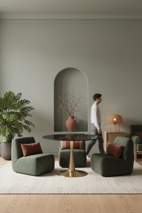 LeisureMod Round Dining Table 40 Sintered Stone Tabletop in Gold Steel Bistro Series